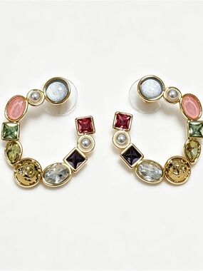 CHANEL Gold Hoop Earrings with Pink, Green, Red, Purple and Pearl Accents